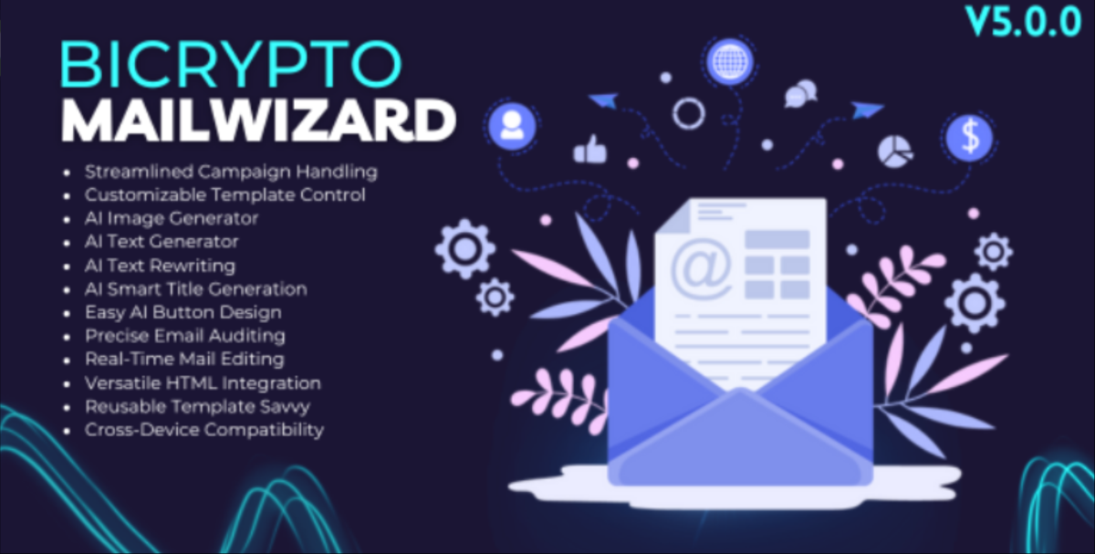 MailWizard Addon For Bicrypto - AI Image Generator, AI Content Generator, Drag&Drop Email Editor By MashDiv  53 sales cover image
