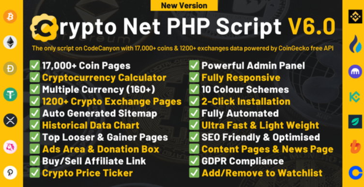 CryptoNet – All-in-One Crypto Market Website PHP Script (CoinMarketCap & CoinGecko Alternative) cover image