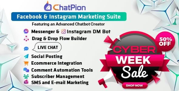 ChatPion: AI Chatbot for Facebook, Instagram, eCommerce, SMS/Email & Social Media Marketing (SaaS) cover image